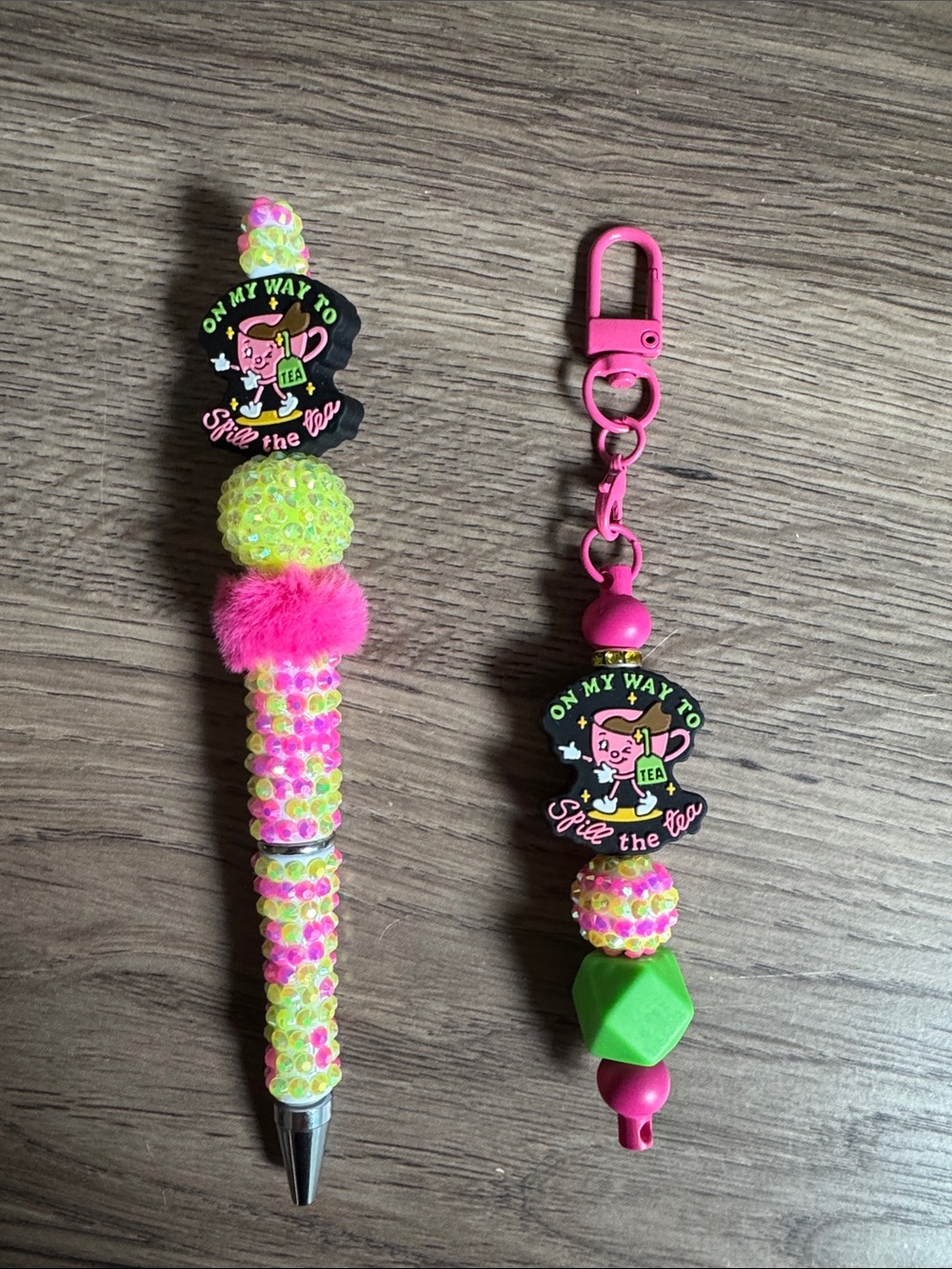 Neon Pink & Green Beaded Pen and Charm Set